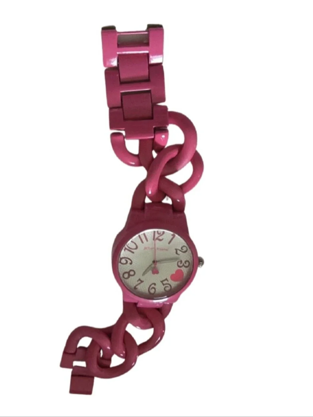 Betsey Johnson Watch Curb Chain Wristwatch Quartz Movement Pink Strap Works